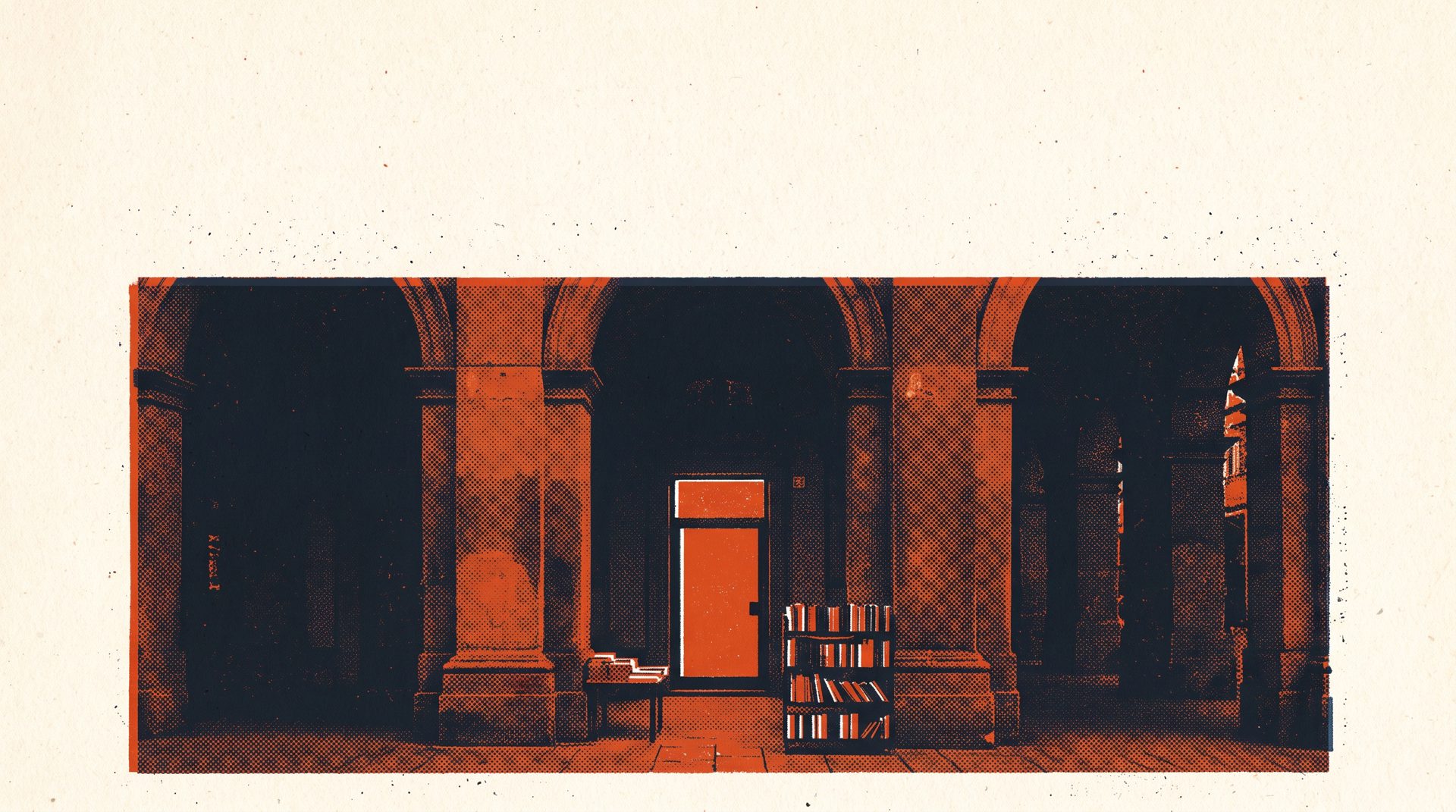 Stampa a due colori: il portico di Largo Marchiafava con la porta della libreria accesa e un espositore di libri sul marciapiede.