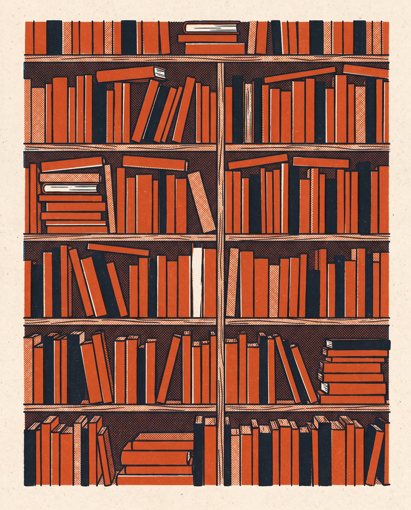 Stampa a due colori: una parete di libri usati stipati dal pavimento al soffitto, con un solo vuoto dove è stato tolto un volume.